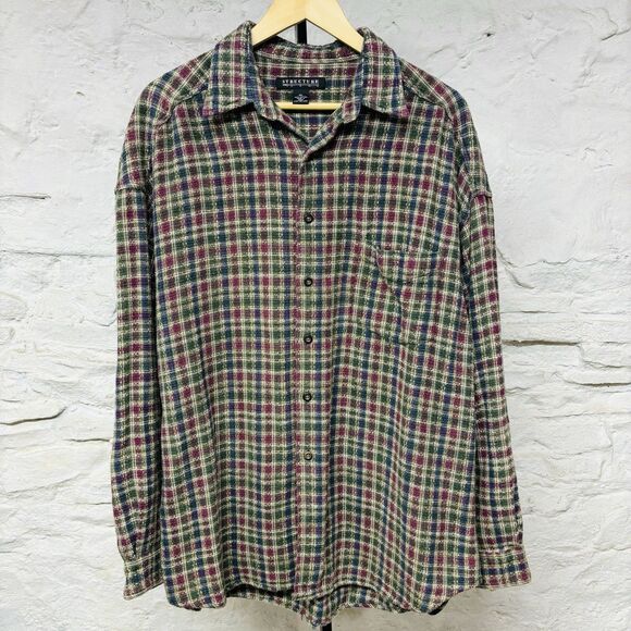 Structure Shirt Soft Fuzzy Flannel Button Up Plaid Vtg 90s Grunge Relaxed Fit - Picture 1 of 6